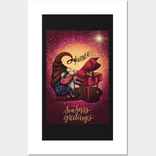 Cute Christmas greeting card with hippie gnome playing music on the piano Posters and Art